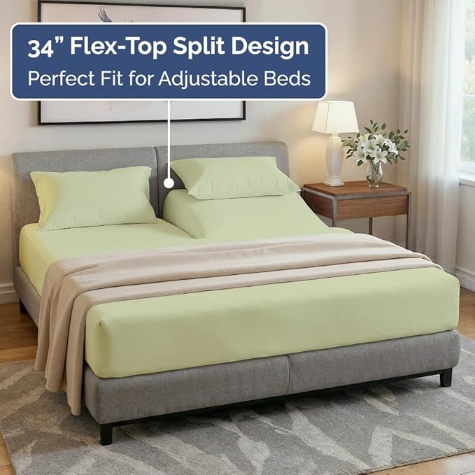 Flex Top Split Head King 4 Piece Sheet Set - Comfy Breathable & Cooling Bed Sheets Set - Hotel Luxury Bedding for Women, Men, Kids, Teens, Boys & Girls - Deep Pockets, Soft, Oeko-Tex, Light Sage Green