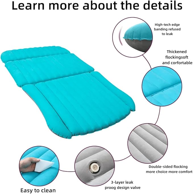 SUV Air Mattress Thickened and Double Side Flocked Travel Outdoor Mattress Back Camping Sleeping Pads for SUV Back Seat 4 Air Bags（Fruit Green and Space Gray）