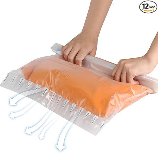 Small Compression Bags for Travel - 12 Pack Roll-Up Space Saver Bags | No Pump Needed, Hand Roll Design for Clothes, Travel Essentials & Home Storage Organizers