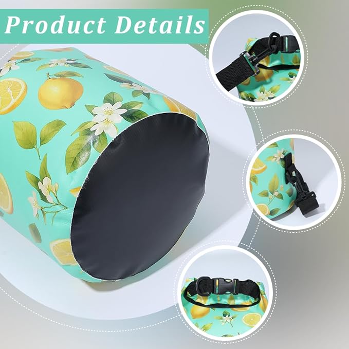Floating Waterproof Dry Bag Backpack 5L Lightweight Lemon Flower Pattern PVC Roll Top Dry Sack for Kayaking Boating Camping Fishing Swimming Beach Rafting Hiking Outdoor Activities