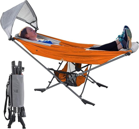 Portable Hammock with Stand, World's Best Mock ONE® Hammock, Compact Folding Framed Hammock with Adjustable Sunshade Canopy for Park, Backyard, Garden, Camping, Hiking, Mountaineering, Beaches- Orange