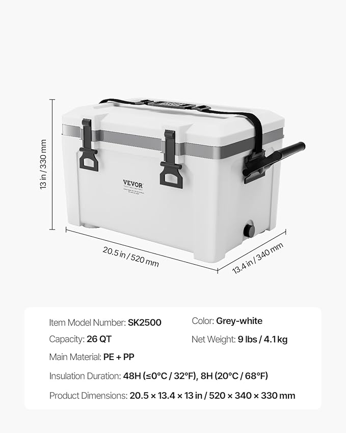 VEVOR Portable Cooler,Hard Cooler with Ice Retention, Heavy-Duty Handles and Strap, Lightweight Rigid Material Insulated Portable Cooler, Suitable for Family Picnics and Short Trips