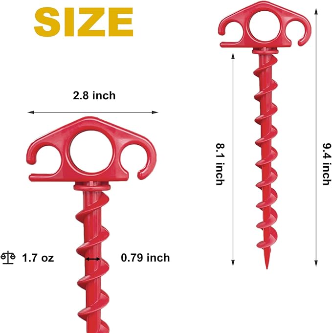 Tent Stakes Ground Anchors Screw in, 6 Pack Sand Stakes for Beach 9.4 Inch Heavy Duty Spiral Tent Pegs for Camping, Party, Hiking, Outdoor Decoration (6, Red)
