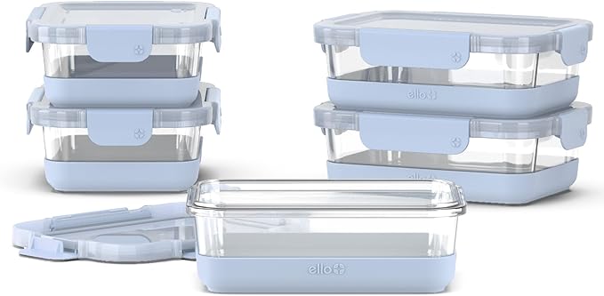 Ello Duraglass 3.4 Cup Meal Prep Sets 10Pc,Set-Glass Food Storage Container with Silicone Boot and Airtight BPA-Free Plastic Lids,Dishwasher,Microwave,and Freezer Safe,Halogen Blue,5 Count (Pack of 2)