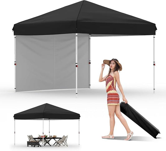 10x10 Pop Up Canopy Tent Outdoor Canopy with 1 Removable Sidewall One-Person Set Up Heavy Duty Commercial Instant Tent Shelter-Black