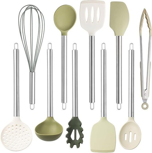 COOK WITH COLOR Silicone Cooking Utensils, Kitchen Utensil Set, Easy to Clean Silicone Kitchen Utensils, Cooking Utensils for Nonstick Cookware, Kitchen Gadgets Set, 10 Pieces, Green