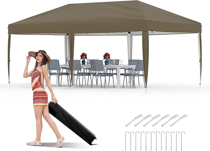 10x20 Pop Up Canopy Tent Outdoor Canopy with No Removable Sidewall One-Person Set Up Heavy Duty Commercial Instant Tent Shelter-Brown