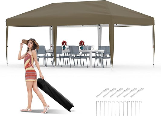10x20 Pop Up Canopy Tent Outdoor Canopy with No Removable Sidewall One-Person Set Up Heavy Duty Commercial Instant Tent Shelter-Brown