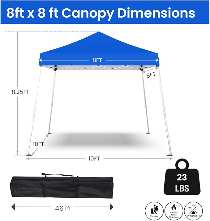 Pop-up Canopy Tent,Portable Outdoor Canopy for Parties Camping,Slant Legs Folding Tent,Sports Shelter,Beach Tent,Base 10x10 Top 8x8,3 Adjustable Height(Blue)