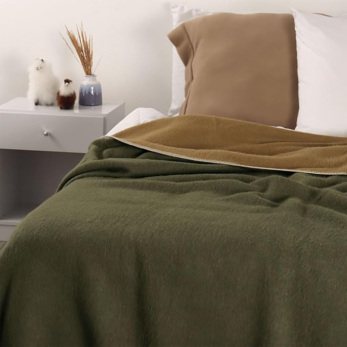 Thick Alpaca Wool Blanket Heavyweight for Camping or Indoors | Soft Peruvian Alpaca Wool (Olive Green/Soft Camel, Queen)