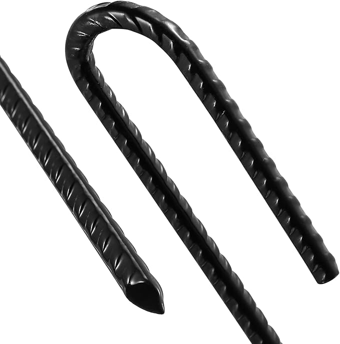 Rebar Stakes U/J Hook Extra Heavy Duty,(10pcs) 12 inch x 1/4 inch Rust Proof Coated Steel Ground Stakes Ground Anchors, Garden Stake Metal Stakes Tent Stakes Trampoline Anchors (J-Hook)