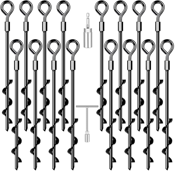 Ground Anchors 16 Pack Screw in Heavy Duty Ground Anchors,Tent Stakes for Camping Tent, Trampoline, Canopies, Carports, Sheds, Swing Sets, Black Anti-Rust Coating for High Wind (16 x 14“)