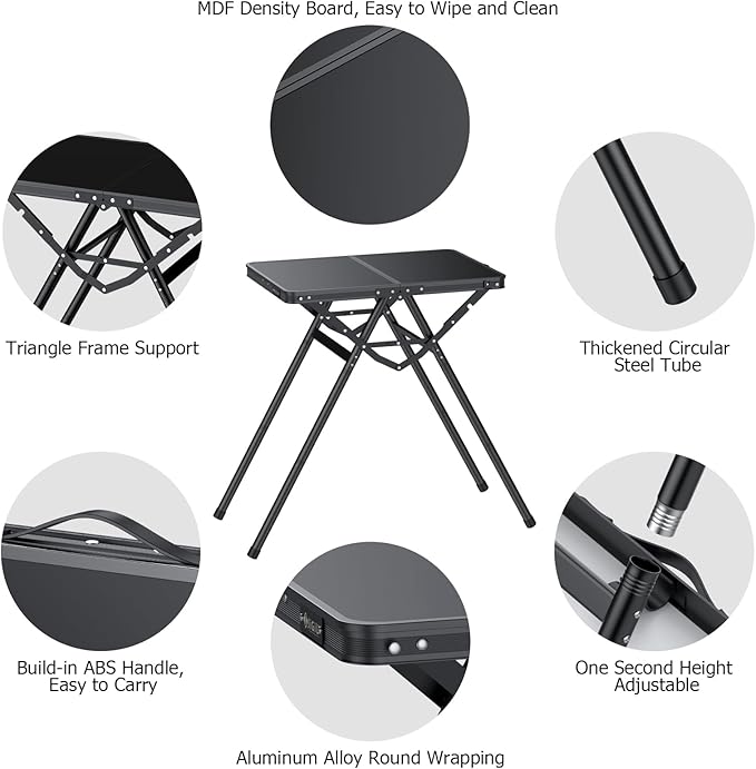 Folding Camping Table Pinic Table Height Adjustable Aluminum Alloy Foldable Table Max Weight Capacity 180lbs with Carry Handle More Stable Triangle Feet for Outdoor Indoor Hiking Camp BBQ Beach
