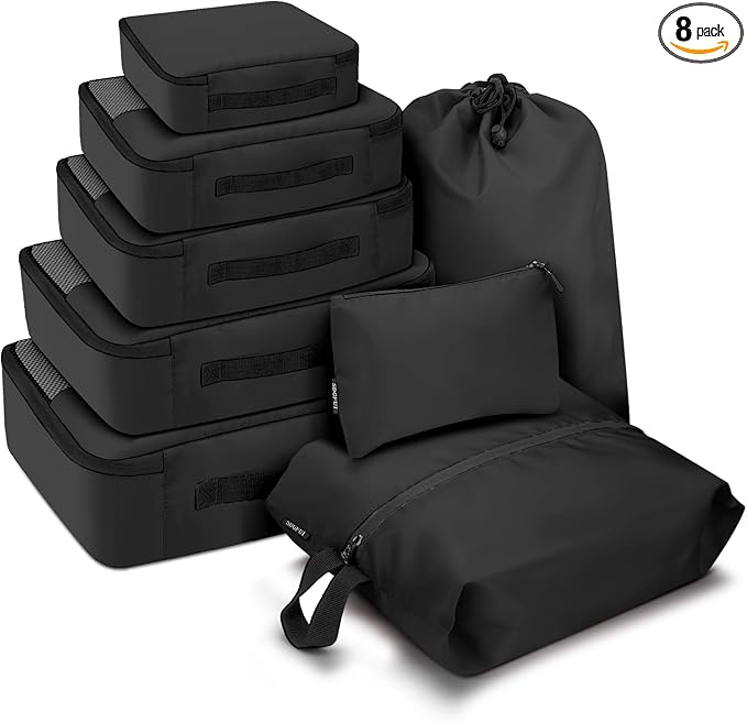 8 PCS Compression Packing Cubes for Travel Women, Compression Organizer for Luggage Space Saving Travel Essentials and Carry on, Luggage Organizer Bags for Suitcase - Black
