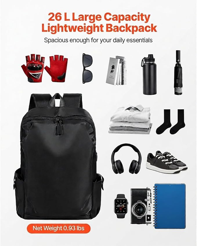 Lightweight Backpack 26L, Hiking Backpack with USB Charging Port & Anti-Theft Pocket, Water-Resistant Travel Laptop Backpack Fits 15.6 Inch, for Men Women College Commuting Camping Riding