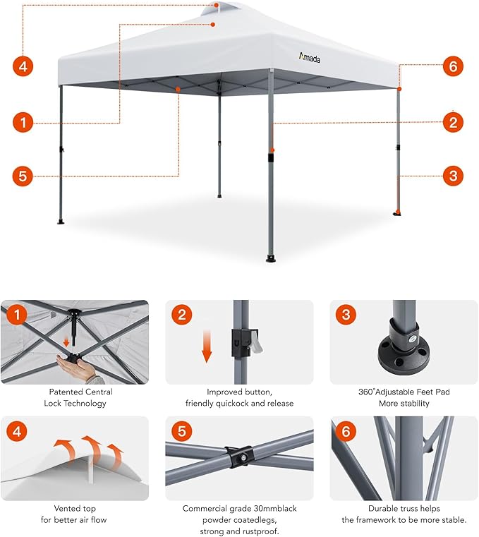 Amada 10x10 Pop Up Canopy - Center Lock One Push Instant Setup Gazebo Outdoor Canopy Beach Tent with STO-N-Go Bag 8 Stakes & 4 Sand Bags, 3-Height Adjustable Shade Shelter (10x10ft, White)