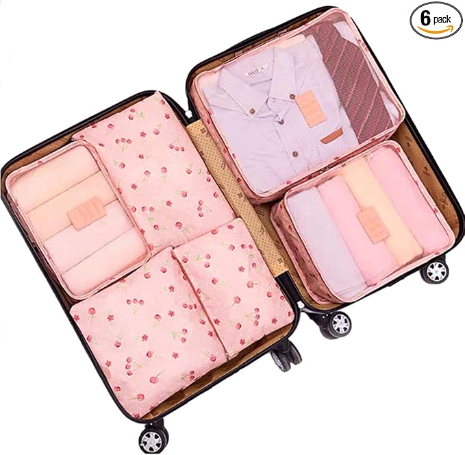 6 PCS Packing Cubes Multi-functional Clothing Sorting Packages Travel Carry On Luggage Organizers Storage Bags Travel Packing Pouches, Pink Cherry