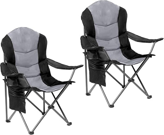 2 Pack Folding Camping Chairs for Adults - High Back Padded Outdoor Lawn Chairs with Lumbar Support & Cup Holder, 400lbs Heavy Duty Portable Camping Chairs Set (Black & Light Gray)