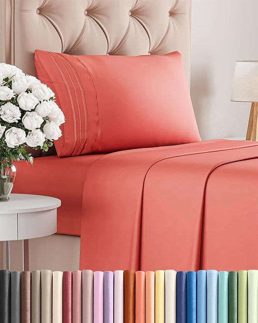 Twin Size 3 Piece Sheet Set - Comfy Breathable & Cooling Bed Sheets Set - Hotel Luxury Bedding for Women, Men, Kids, Teens, Boys & Girls - Deep Pockets, Ultra-Soft and Wrinkle Free - Oeko-Tex - Coral