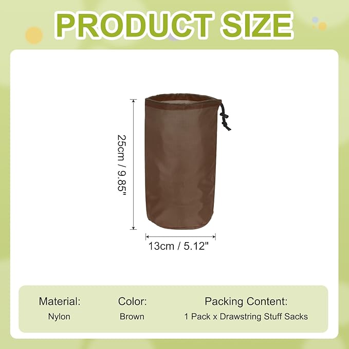 Stuff Sack, Nylon Waterproof Storage Sacks Portable Drawstring Dry Stuff Bag Gear Organization with Toggle, 5x10Inch Fit for Backpacking Camping Traveling Hiking(Brown)