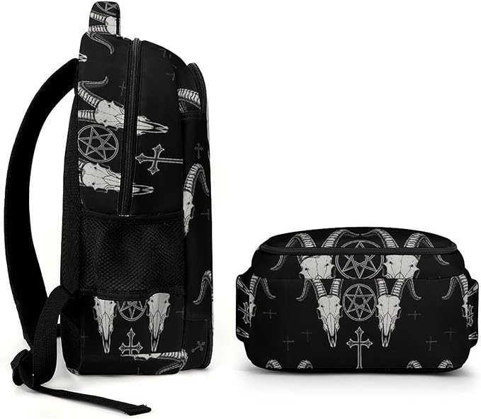 Travel Backpack Purse for Women, Gothic Occult Satan Penta Symbol Skull Cute Laptop Backpack with Tumbler Holder for Nurse Teacher College Work Casual Daypack