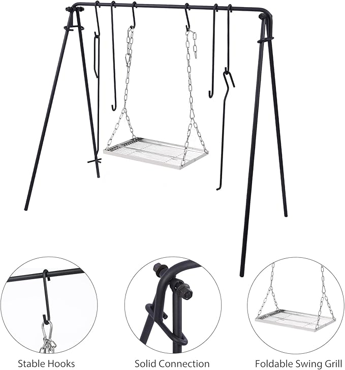 REDCAMP Swing Outdoor Campfire Grill Stand - Collapsible Campfire Cooking Rack with 6 Hooks & Stainless Steel Grill Grate, Portable Dutch Oven Hanger for Camping, Cookware, Bonfire, Rectangle