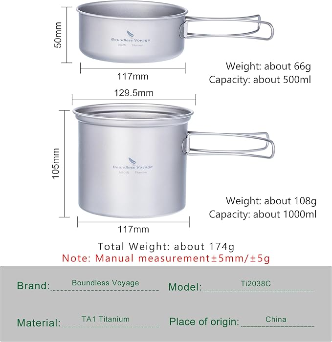 iBasingo Backpacking Cookset Titanium Camping Pots Set Ultralight Outdoor Picnic Pots Pans with Folding Handle Druable Portable Cooking Mess Kit Compact Picnic Dishes Bowls Cups (Multiple Sizes)