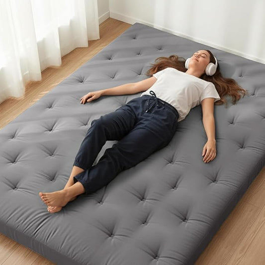 ZonLi Japanese Floor Futon Mattress Queen Size 80"x 60", 100% Cotton Cover 4'' Thicken Tatami Mattress, Foldable Sleeping Pad, Portable Dormitory Tatami Mat, Roll Up Floor Lounger Bed for Adult (Grey)