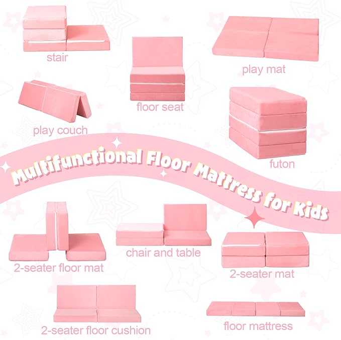MeMoreCool Kids Folding Mattress, Trifold Mat Foldable Floor Mattress with Washable Cover and Carry Bag, Portable Foam Floor Mat for Kids, Daycare, Sleepover, Camping and Travel, Pink