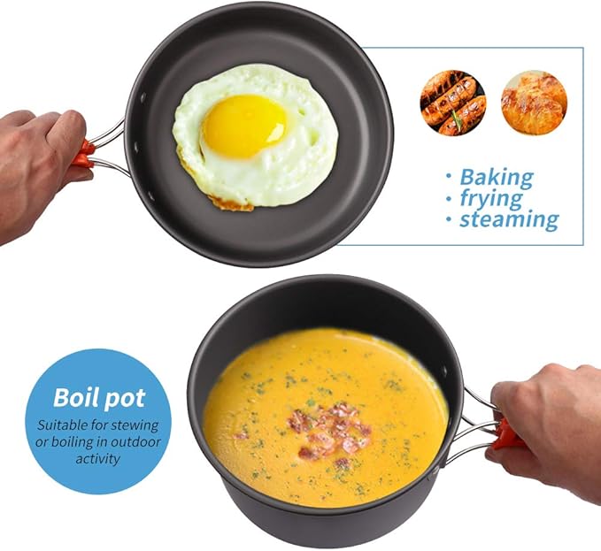 Gutsdoor Camping Cookware Set Camping Gear Campfire Utensils Non-Stick Cooking Equipment Lightweight Stackable Pot Pan Bowls with Storage Bag for Outdoor Hiking