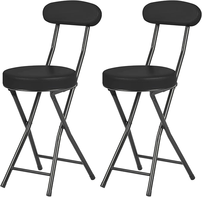 Cushioned Padded Folding Stools, Folding Bar Stool with Backrest, 220lb Capacity, 19 Inch Collapsible Round Portable Foldable Chair for Outdoor Indoor Kitchen Camping Fishing (Black, 2 Pack)