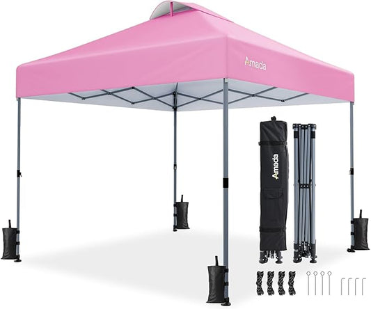 Amada 10x10 Pop Up Canopy - Center Lock One Push Instant Setup Gazebo Outdoor Canopy Beach Tent with STO-N-Go Bag 8 Stakes & 4 Sand Bags, 3-Height Adjustable Shade Shelter (10x10ft, Pink)