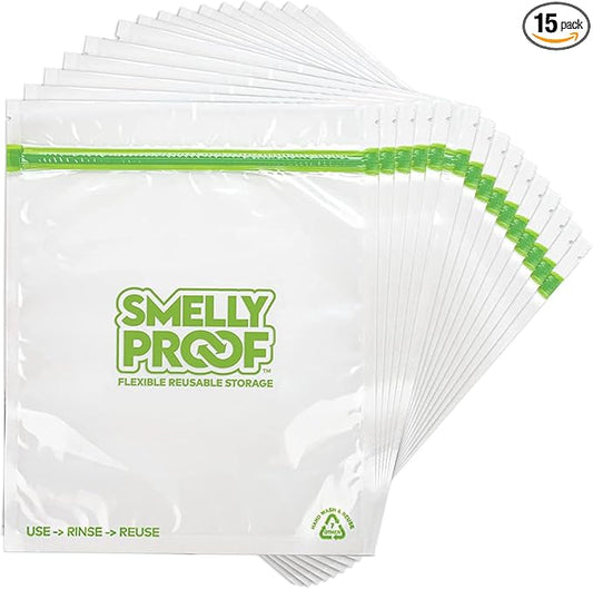Smelly Proof Reusable Food Storage Bags, Reusable Freezer Bags, MADE IN USA, Dishwasher-Safe, BPA FREE, NO PEVA, XL 3-mil, Extra Large Clear FLAT 10.5" x 12" GALLON, 15-Pack