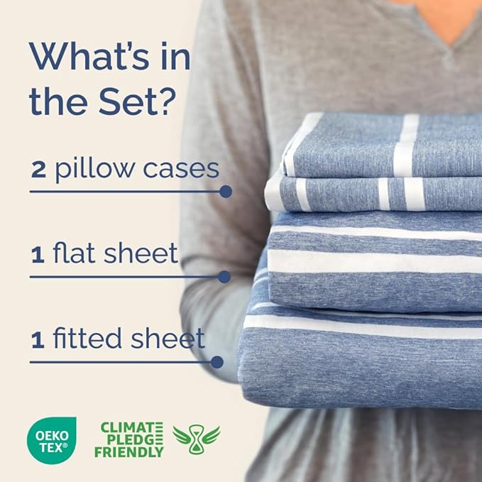 Full XL Bed Sheet - 4 Piece Full XL Bed Sheets Set - Soft, Breathable & Cooling - Hotel Luxury Bedding for Women, Men, Kids, Teens, Boys & Girls - Deep Pockets, Fade and Wrinkle Free - Blue Stripes