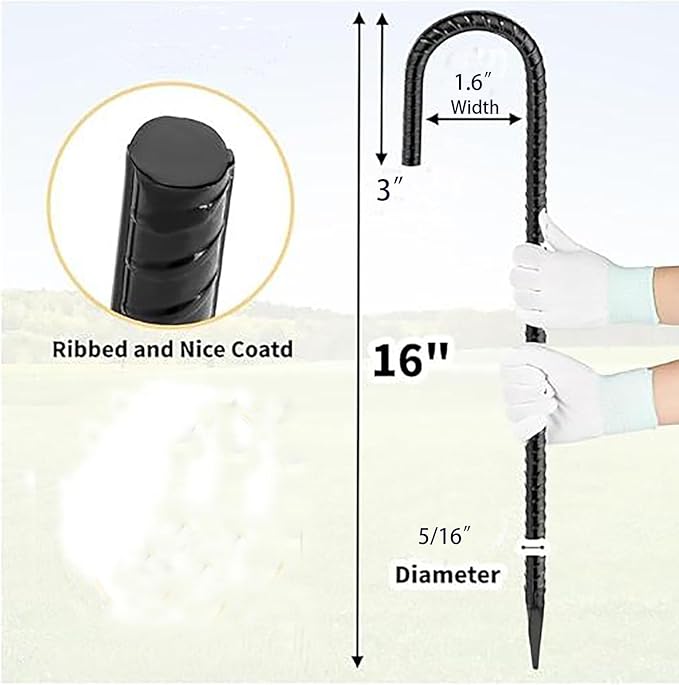 Heavy Duty Ground Stakes, 16 Inch J Hook Stakes, 10 Pack, 5/16 Inch Diameter, Carbon Steel Tent Stakes for Chain Link Fence, Trampoline, Lawn Decorations (J-Shape-Silvery, J-16 * 5/16"-10PCS)