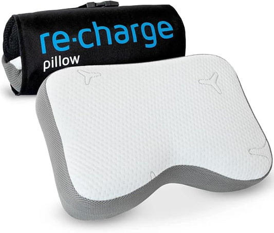 Travel pillow Re-Charge Intense with Activated Charcoal | Orthopedic cervical side sleeper pillow | Ergonomic memory foam against neck pain | Innovative Intense technology for deeper sleep