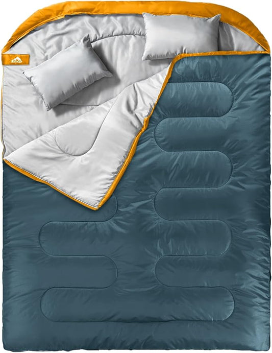 MEREZA Double Sleeping Bag for Adults Mens with Pillow, XL Queen Size Two Person Sleeping Bag for All Season Camping Hiking Backpacking 2 Person Sleeping Bags for Cold Weather & Warm