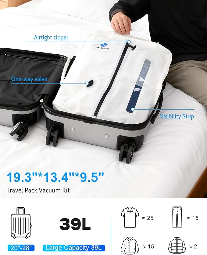 Zurligi Travel Vacuum Compression Bags with Removable Handle & Mini Pump – 39L Reusable IPX8 Waterproof Vacuum Packing Cubes, Vacuum Seal Bags for Clothes, Suitcase & Backpack(2-Pack White)