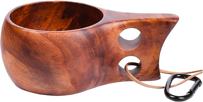 Kuksa Camping Mug Wooden Bushcraft Handcarved Cup, Nordic Style Coffee & Hiking Kuksa, Walnut Wood, Double Hole, 6.7 oz., 6.3" x 3.8" x 2.4"
