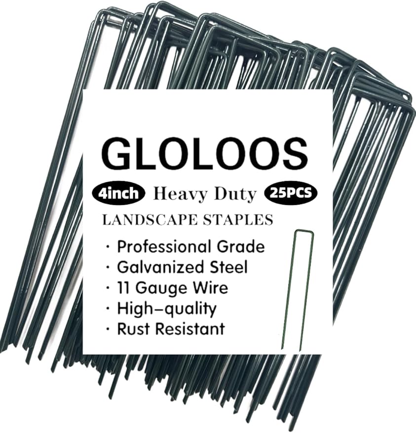 4 inch 25 Pack Green Galvanized Landscape Staples 11 Gauge Garden Stakes Pins Anti-Rust Ground Stakes U-Shaped Tent Stakes are Used for Weed Barrier, Irrigation Tubing, Yard Lawn, Landscape Fabric