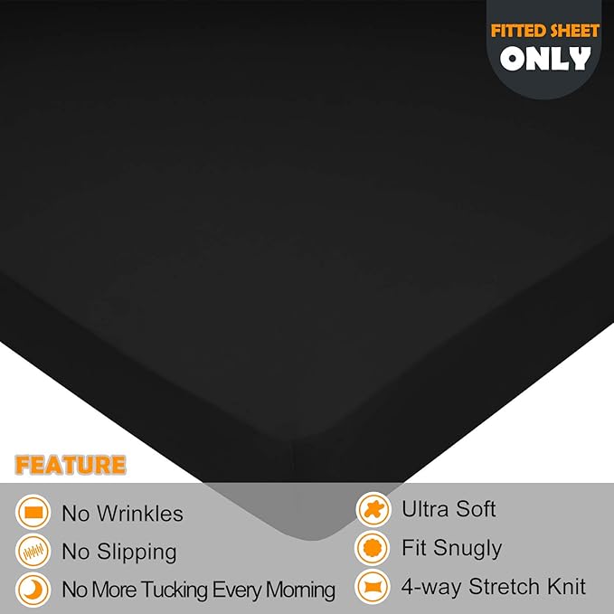 Soft Stretch Twin Fitted Sheet Only - Jersey Knit & 4-Way Stretchy Snug Fit, Stay in Place and No More Slipping, Wrinkle Free Mattress Sheets, Cozy T-Shirt Comfortable - Black, Twin