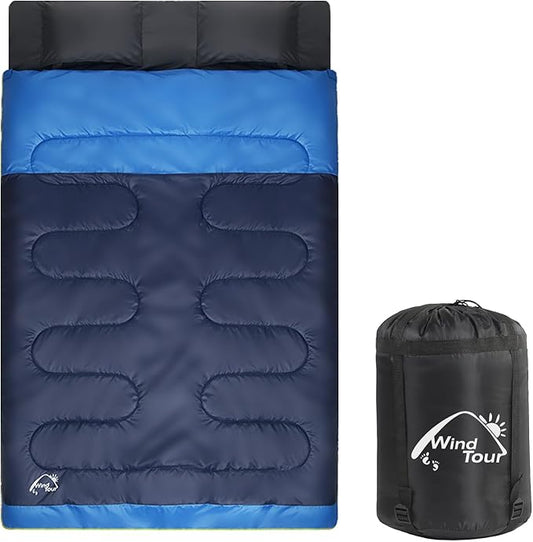 Double Sleeping Bag for with 2 Pillows - Lightweight 2 Person Sleeping Bag, Adults & Teens Cotton for Camping, Backpacking, Hiking with Carrying Bag for Cold & Warm