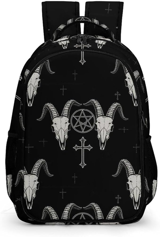 Travel Backpack Purse for Women, Gothic Occult Satan Penta Symbol Skull Cute Laptop Backpack with Tumbler Holder for Nurse Teacher College Work Casual Daypack