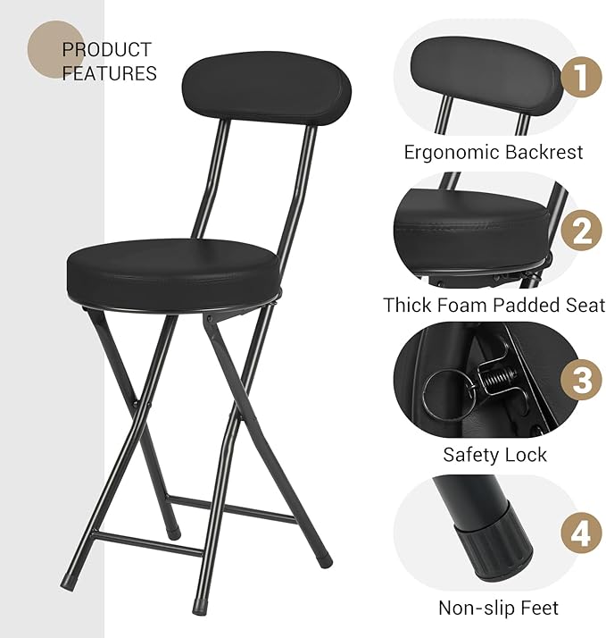 Cushioned Padded Folding Stools, Folding Bar Stool with Backrest, 220lb Capacity, 19 Inch Collapsible Round Portable Foldable Chair for Outdoor Indoor Kitchen Camping Fishing (Black, 2 Pack)