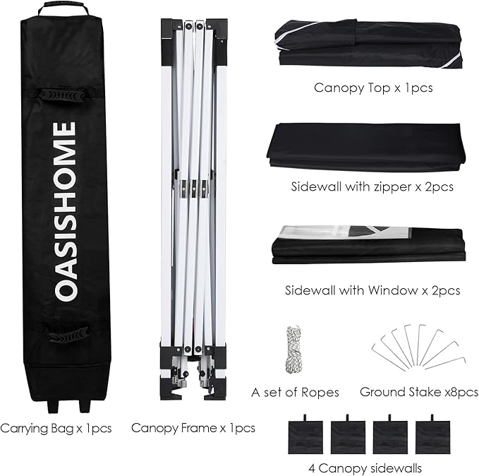 OASISHOME One Push Setup Pop-up Gazebo Portable Canopy Tent 10'x10', with 4 Sidewalls,Wheeled Bag,Waterproof, UV Protection, Heavy-Duty Steel Frame for Patio/Outdoor/Wedding Parties and Events (Black)
