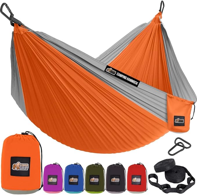 GORILLA GRIP Durable Portable Camping Hammock, Holds 400lbs with Heavy Duty Tree Straps, Comfortable Travel Swing, Camp Hammocks, Easy to Use and Install, Outdoor Essentials, Orange, 9x4.5 FT