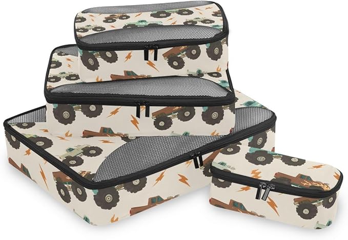 Monster Truck Lightning Compression Packing Cubes for Travel Luggage Suitcase Packing Organizers Bags Carry On Lightweight 4 Set