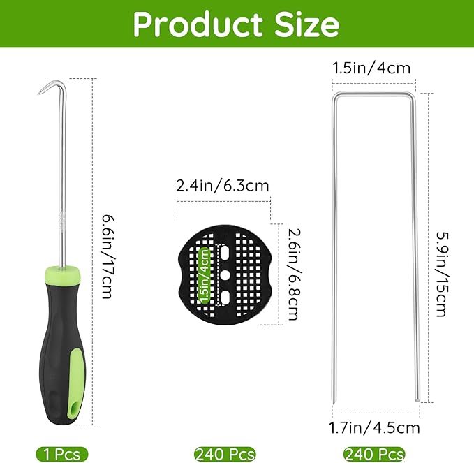 Greaner 240PCS Garden Staples, 11 Gauge Heavy Duty Stakes for Gardening, 6 Inch Landscape Pins with Gasket Kit and Pick Hook for Ground Cover, Artificial Turf, Landscape Edging