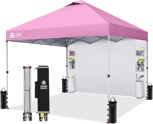 CROWN SHADES Canopy Tent, 10 x 10 Foot Portable Pop Up Outdoor Shelter with Pocket Sidewall, Push Center Lock, UV Protection, and Carry Bag, Pink
