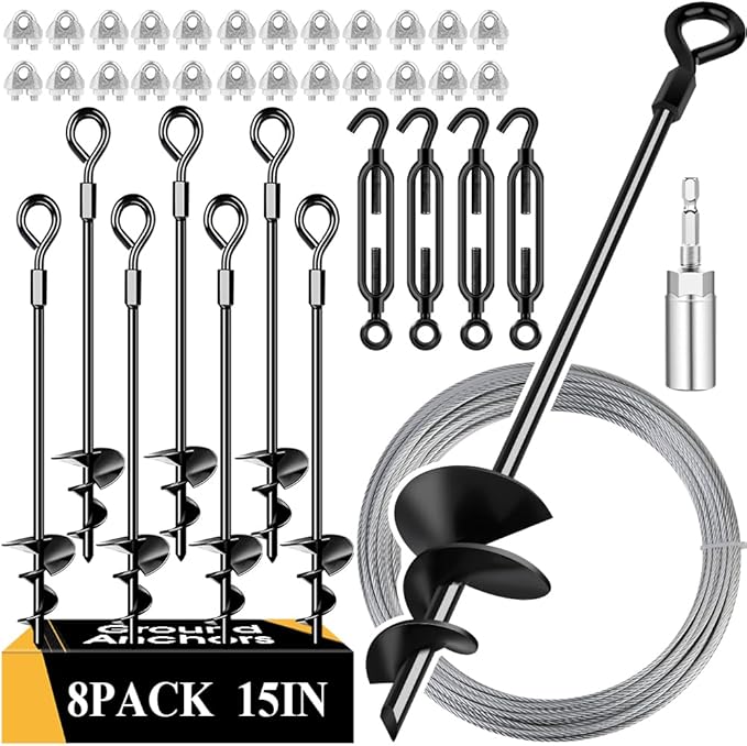 15in 8 Pack Ground Anchors with 1/8" Galvanized Cable Shed Anchor Kit, Trampoline Stakes Anchors High Wind – Ideal for Canopies, Sheds, Car Ports, Swing Sets Gazebo Greenhouse (15 in of 8 Pcs)